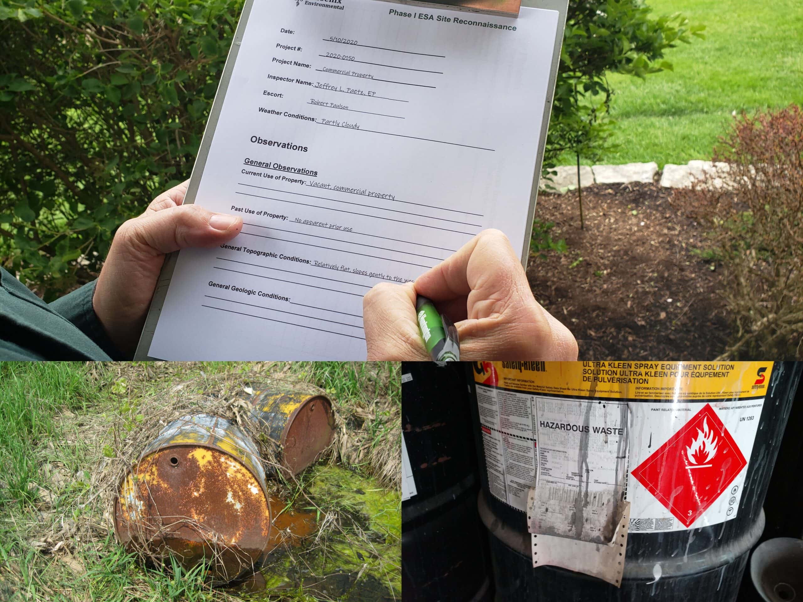 A collage showing a Phase I ESA checklist being filled out on a clipboard, two waste drums in a grassy area and another drum labeled "hazardous waste".