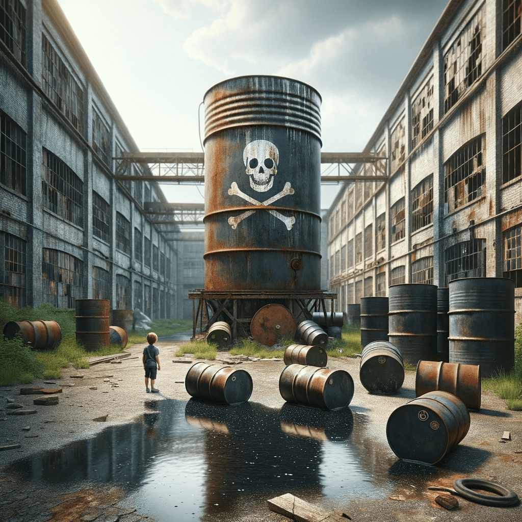 Between two abandoned warehouses, a large hazardous waste drum with a skull and bones symbol looms over a small boy.