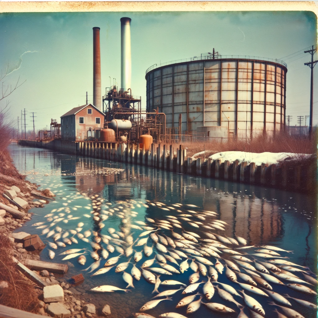 A town gas plant is shown behind a river of dead fish.