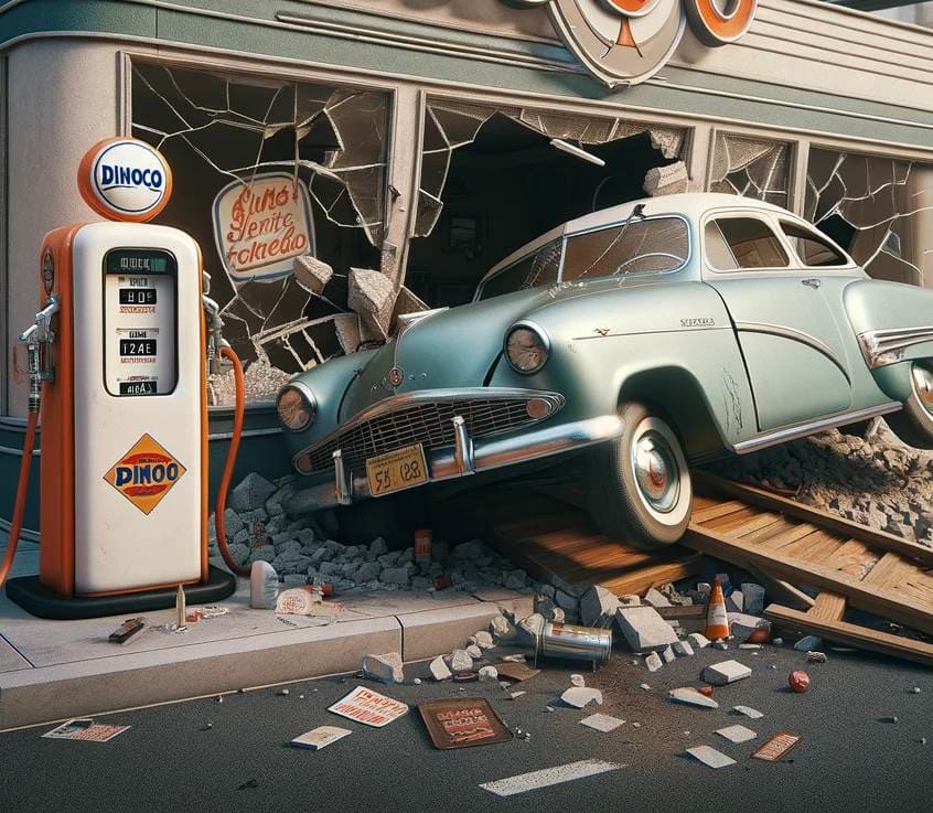 A cartoon image shows a 1950's-era car that has crashed into a gas station.