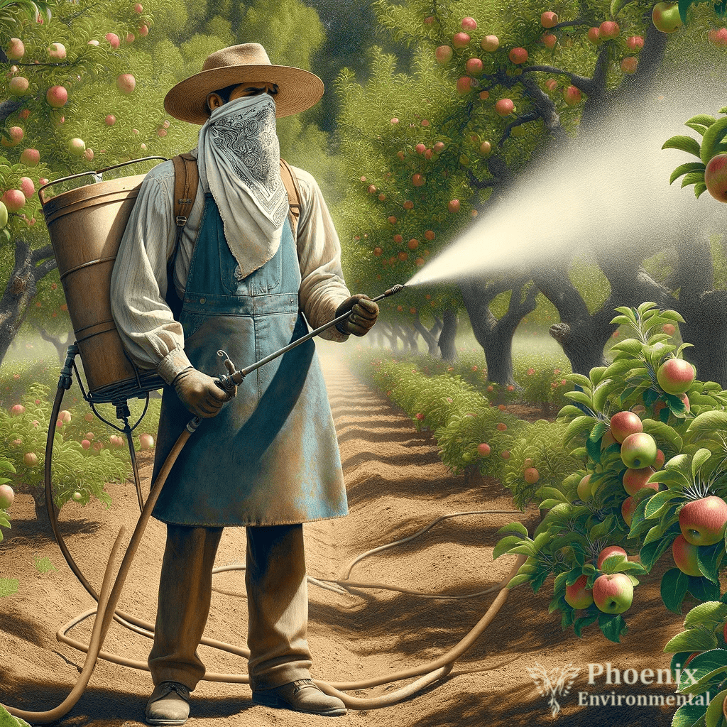 An AI-generated image shows a man spraying pesticides on fruit trees in an orchard.