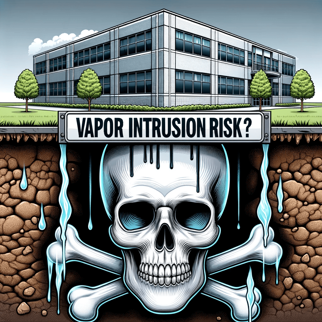 An AI-generated image of a skull and bones is shown in the ground under a building with the words "Vapor intrusion risk?" in between.