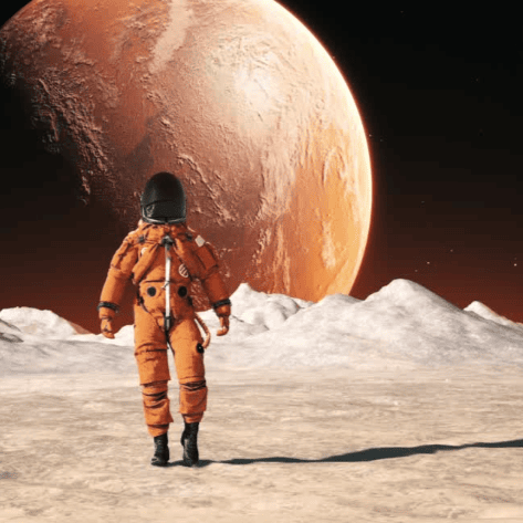 A computer-generated image shows an astronaut in an orange suit walking on icy terrain with a large orange planet in the background.
